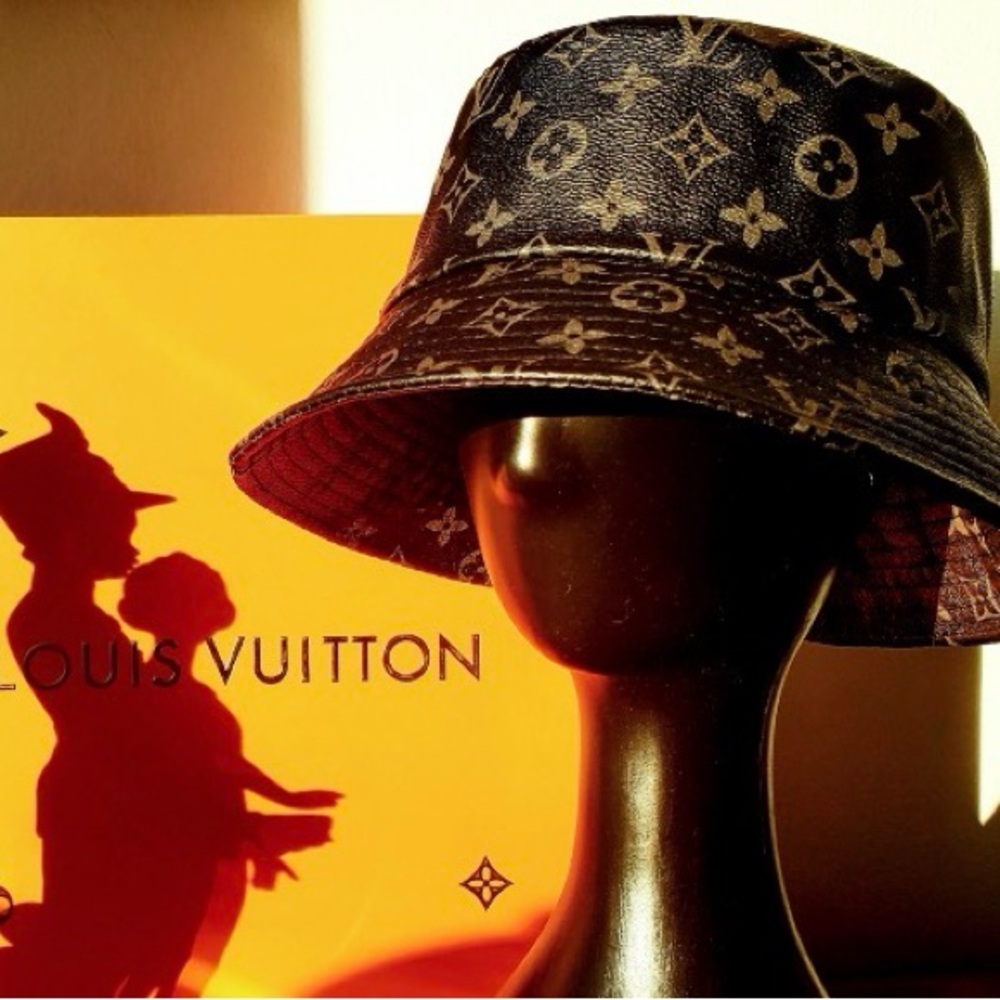 Leather Monogram Black Gray Bucket Hat Calf Skin jacquard Unisex - Picture 11 of 11